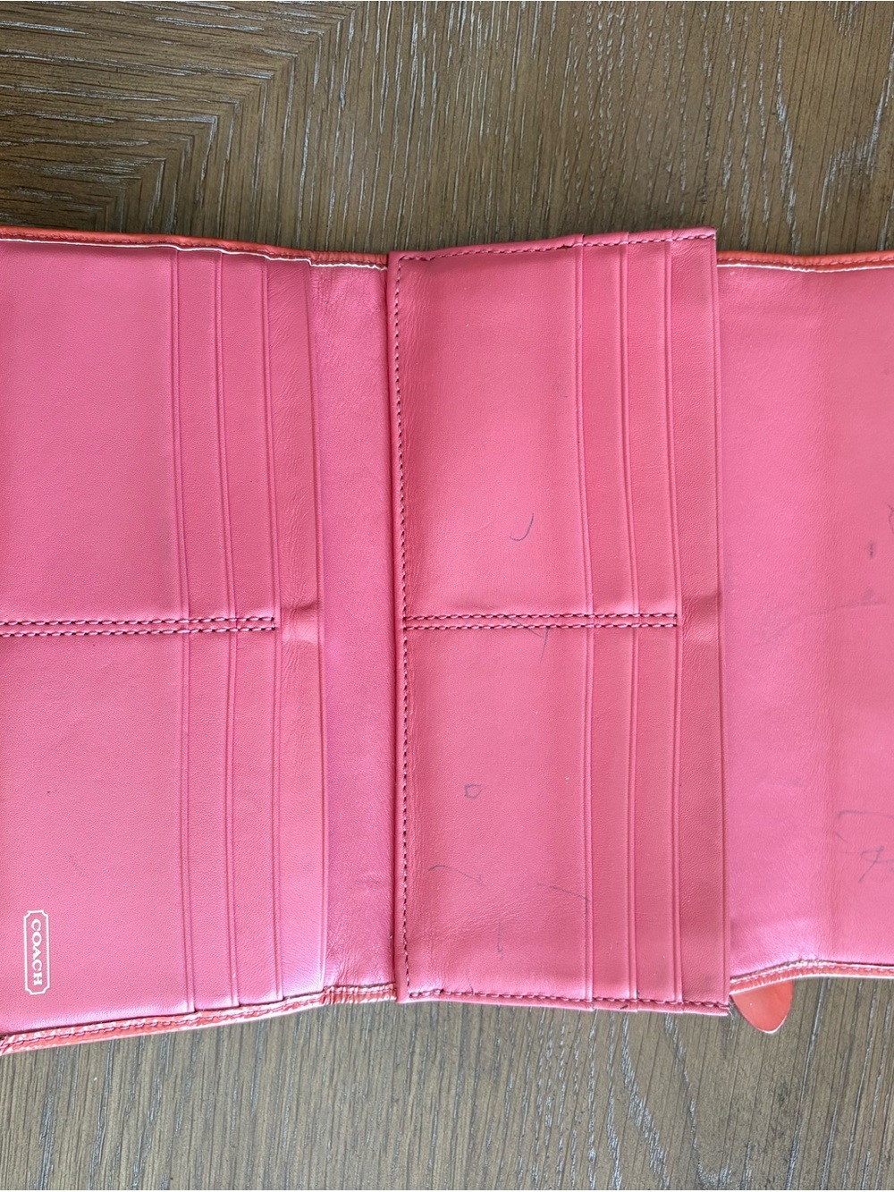 Coach Brown Signature Canvas Wallet with Coral Trim - Picture 3 of 4